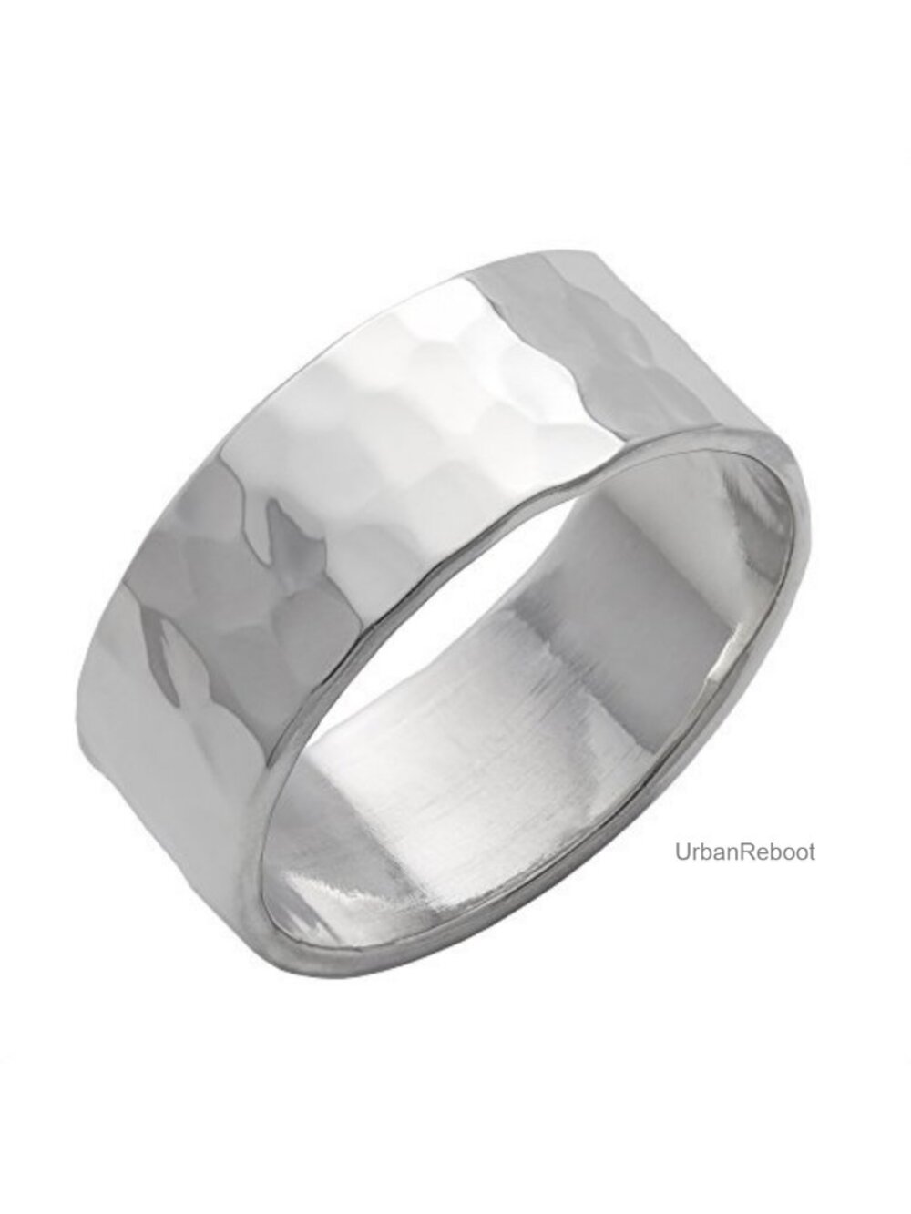 925 Sterling Silver Hammered Band Ring - 8mm Flat-Edge Chunky Cigar Ring